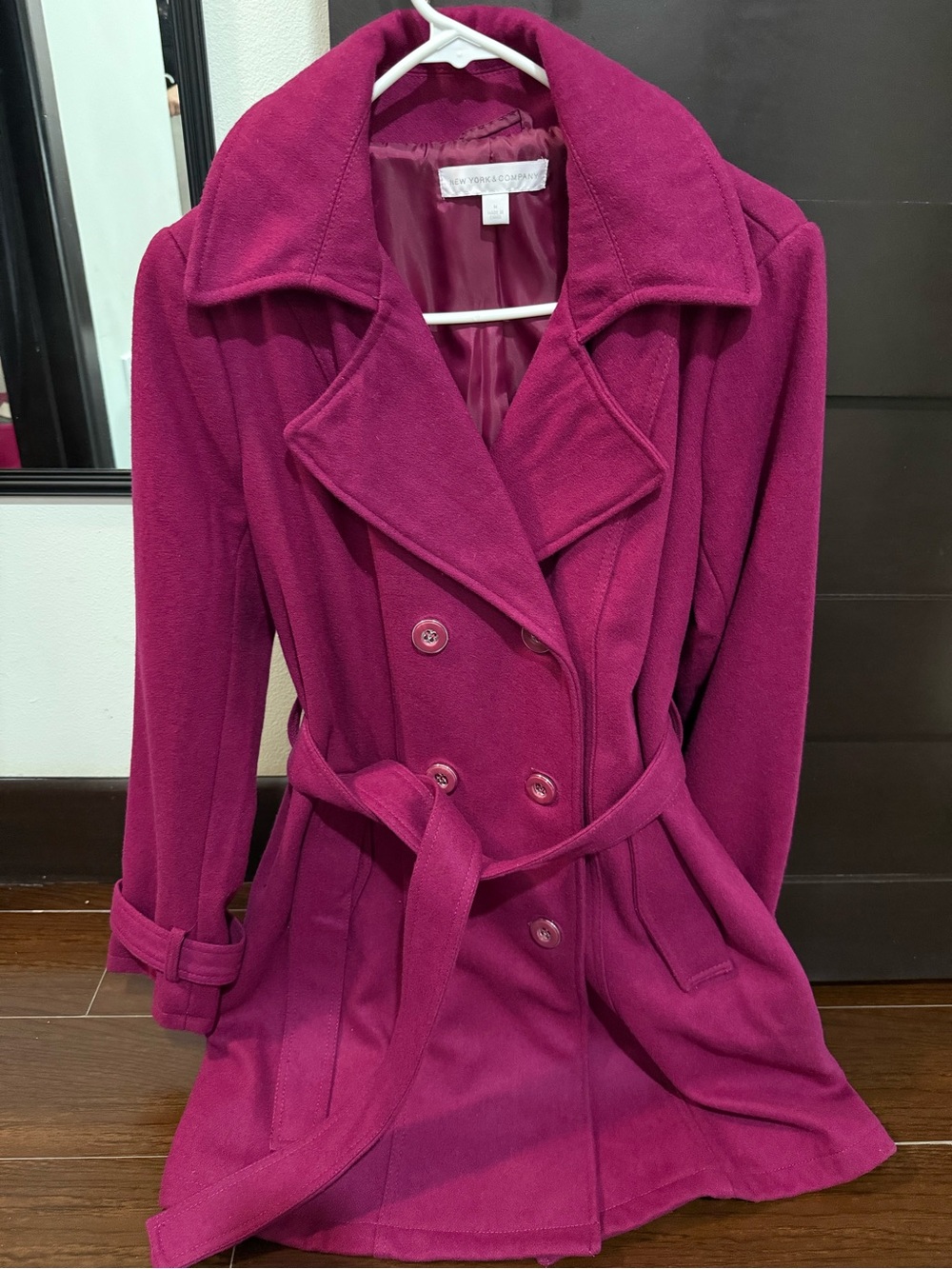 New York & Company Magenta Double-Breasted Belted Trench Coat